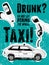 Typographic retro grunge taxi poster. Hand holds an empty beer bottle, hand holds a telephone receiver, car taxi. Vector