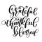 Typographic vector quote thankful grateful blessed decorated hand drawn acorn and oak leaf on white. Thanksgiving card