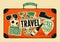 Typographical retro grunge travel poster. Vintage design old suitcase with labels. Vector illustration.