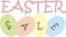 Typography banner Easter sale. Pink and gray letters on a green, yellow, pink, blue Easter eggs