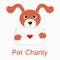 Typography banner Happy Pet Charity, red and white cartoons dog with envelope, red hearts