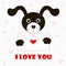 Typography banner I love you, black and white cartoons dog with envelope, red hearts