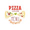 Typography flat pizzeria house logo creative design with pizza slices. Fast food business. Colorful pizzeria badge