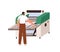 Typography worker and industrial laminator machine with paper roll. Work of professional equipment for laminating