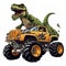 Tyrannosaurus dinosaur on off road vehicle. TRex Riding Monster Truck clipart, AI Generated
