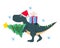 Tyrannosaurus rex carrying Christmas tree and gift box