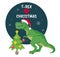 Tyrannosaurus Rex Christmas Card.  Dinosaur in Santa hat decorates Christmas tree.