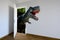 Tyrannosaurus Rex entering a door. Animal watching from a wall. Child\'s imagination or a dream