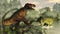 Tyrannosaurus rex fighting against styracosaurus