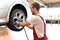 Tyre change on the car in a workshop by a mechanic