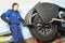 Tyre fitting. SUV car wheel balancing in tire service.