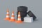 Tyres, battery and road cones. Car service