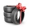 Tyres with a red ribbon. Present. 3D Icon