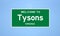 Tysons, Virginia city limit sign. Town sign from the USA.