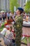 TYUMEN, RUSSIA - 09 MAY, 2019:  Monument Grieving mother and young warrior. Eternal flame