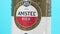 Tyumen, Russia-December 10, 2020: Amstel premium pilsener beer can logo of non-alcoholic beer close-up. selective focus