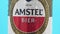 Tyumen, Russia-December 10, 2020: Amstel premium pilsener beer can logo of non-alcoholic beer close-up. selective focus