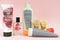 Tyumen, Russia-January 5, 2020: Oriflame cosmetics, shower gel, perfume, shampoo, cream, copy space for text. Perfume for women.