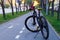 Tyumen, Russia-May 16, 2021: Bike stern motion 2 on the sidewalk in the city on the asphalt. selective focus. Spring