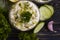 Tzatziki sauce, lemon, cuisine appetizer gastronomy nutrition cucumber on concrete background