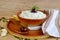 Tzatziki - yoghurt sauce with cucumber, dill, olive oil, lemon and garlic in a traditional bowl,traditional greek