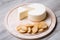 Tzfat cheese with crackers. Israeli traditional cheese. Symbol of the Jewish holiday Shavuot.