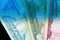 UAE dirham currency notes. Money background blue color toned