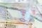 UAE dirhams, stack of five hundred banknotes, paper money, closeup