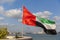 UAE flag waving with the background of Abu Dhabi Skyline as part of 43rd National Day celebrations