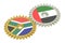 UAE and South Africa flags on a gears, 3D rendering