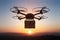 UAV quadcopter drone depicted delivering package as unmanned aircraft system