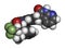 Ubrogepant migraine drug molecule (CGRP receptor antagonist). 3D rendering. Atoms are represented as spheres with conventional