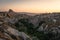 Uchisar castle, highest point in Cappadocia in a morning sunrise, Central Anatolia, Turkey