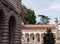 Udine - Columns of Loggia del Lionello with scenic view of Venetian style clock tower Torre dell\\\'Orologio