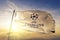 UEFA Champions League logo flag textile cloth fabric waving on the top sunrise mist fog