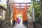 UENO, JAPAN - FEBRUARY 19, 2016 : Torii doors tunnel gate to Gojo Tenjin shrine at Ueno park