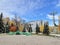 Ufa, Republic of Bashkortostan, Russia, October 17, 2021:  Green benches in the Theater Garden in Ufa. Republic of Bashkortostan