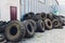 Ufa, Russia, 1 July, 2019: A lot of Wheel Tires dumped in a landfill.