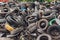 Ufa, Russia, 1 July, 2019: A lot of Wheel Tires dumped in a landfill.