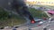 Ufa, Russia, 13 May, 2019: Burning car Fire suddenly started engulfing all the car a truck overheated on Salavat Yulaev