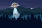 UFO abducting a cow, summer night forest landscape, vector background with stars and moon in the sky. Cartoon style