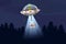 UFO abducting a cow, summer night forest landscape, vector background with stars and moon in the sky. Cartoon style