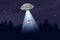 UFO abducting a cow, summer night forest landscape, vector background with stars and moon in the sky. Cartoon style