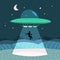 UFO abducting a men, summer night farm landscape in the night field. Vector background with stars and moon in the sky. Flat vector