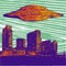 UFO abducts human. Space ship UFO ray of light in the night sky. Vector illustration in vintage style