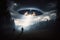 UFO abducts a man in the forest. 3d rendering, Invasion of extraterrestrial. Alien abduction, Ai Generated