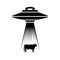 UFO adducts cow simple illustration. Alien spaceship with light rays to catch a cow animal