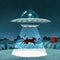 UFO with alien abducting a cow, summer night farm landscape with the night field with house. Flat illustration with stars and moon