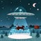 UFO with alien abducting a cow, summer night farm landscape with the night field with house. Flat illustration with stars and moon