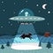 UFO with alien abducting a cow, summer night farm landscape with the night field with house. Flat vector illustration with stars